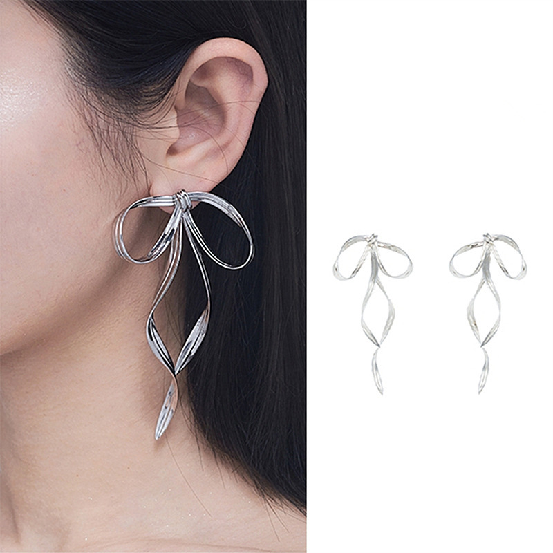 S925 Silver Metal Bow Long Ribbon Earrings