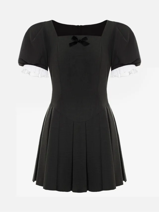 Womens Solid Color French Square Neck Slim Fit Short Sleeve Dress Gray - Shop at LoveMi