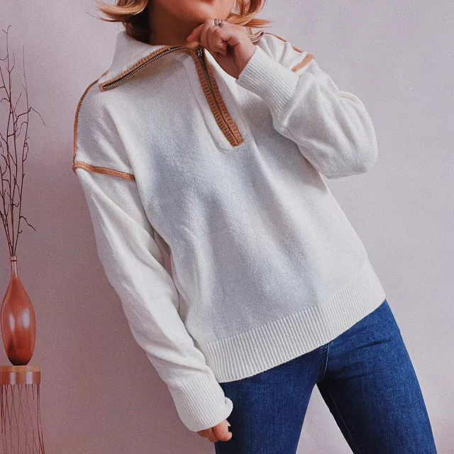 Women's Casual Knitted Zipper And Lapel Contrast Color Long Sleeves Sweater White - Shop at LoveMi