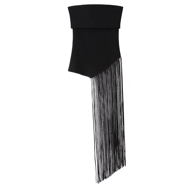 Street Style Tassel Strapless Stretch Knitted Top Black - Shop at LoveMi