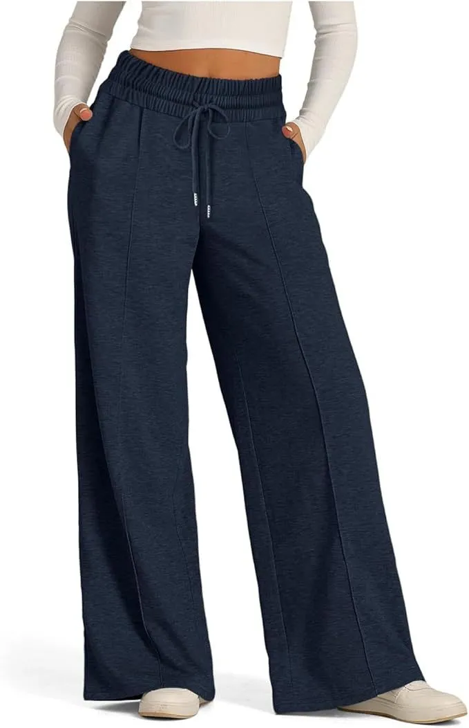 Women's Solid Color Casual Wide Leg Drawstring Elastic Waist Sweatpants - Navy