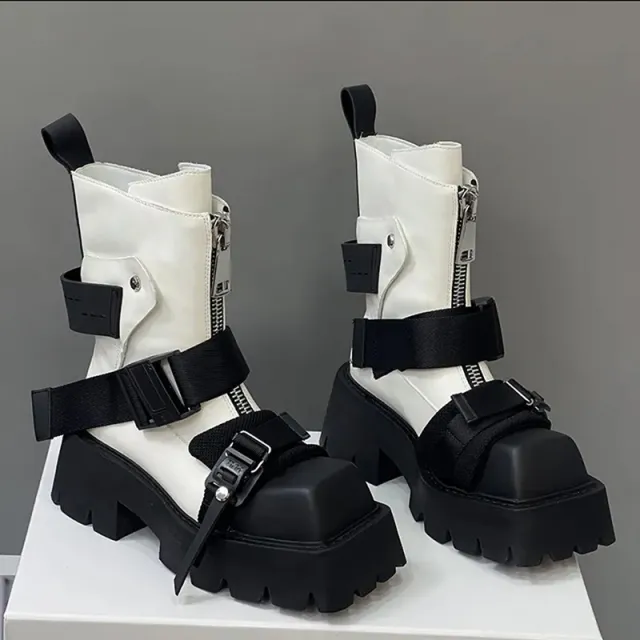 Leather Female Square Toe Thick Bottom Front Zip Ankle Boots White - Shop at LoveMi