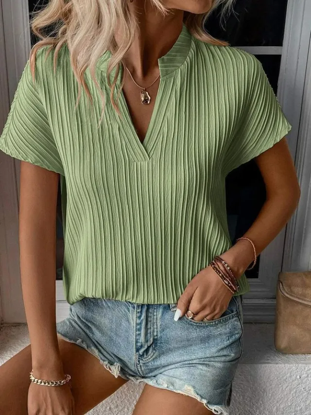 Summer Women's Top Solid Color And V neck Striped Short Sleeve Green - Shop at LoveMi