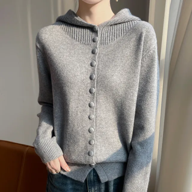 Womens Knitted Sweater Stylish Western Style Solid Color All Match Hooded Knit Cardigan Gray - Shop at LoveMi