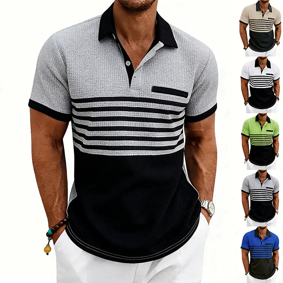 Men's Casual Waffle-Stripe Short-Sleeve Polo Shirt