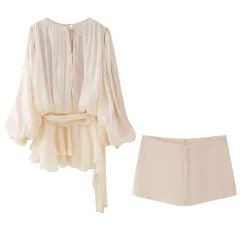 Womens Fashion Asymmetrical Fitted Skirt And Shorts Set - Apricot - View 1