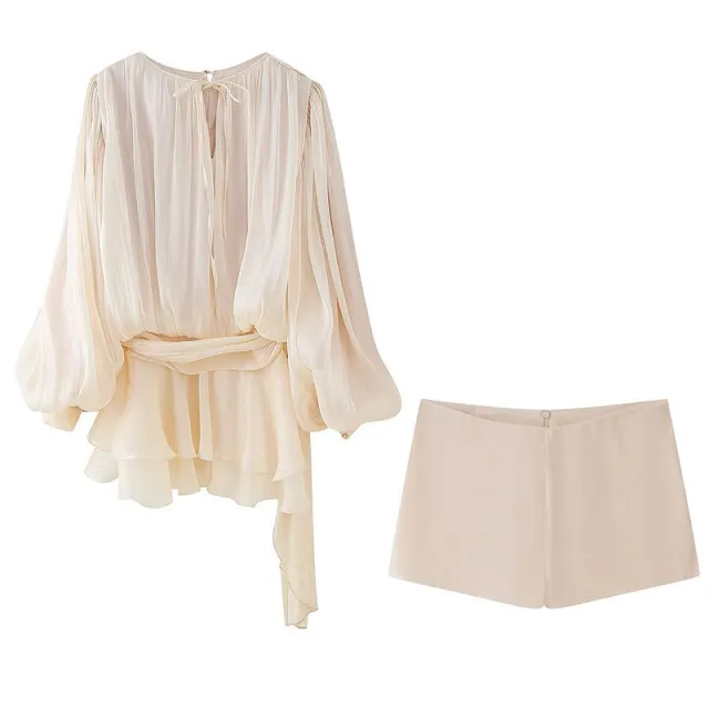 Womens Fashion Asymmetrical Fitted Skirt And Shorts Set Apricot - Shop at LoveMi
