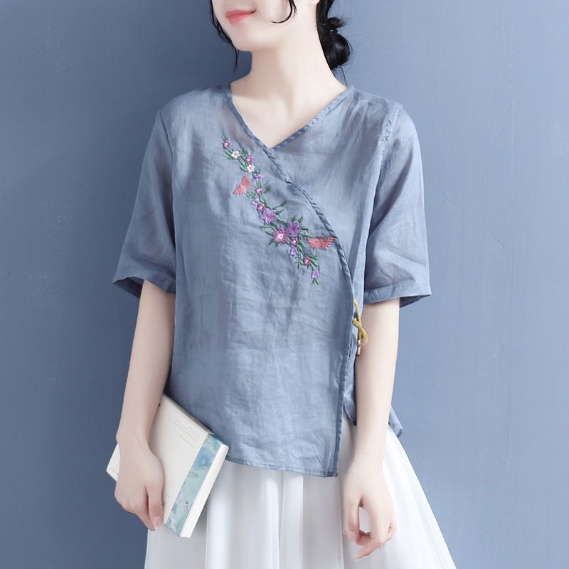 Loose-fitting Cotton-linen Pullover Top With Five-quarter Sleeves For Women
