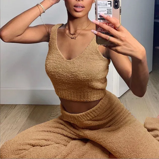 Solid Color Korean Velvet V neck Vest Pants Women's Clothing Caramel Xl - Shop at LoveMi