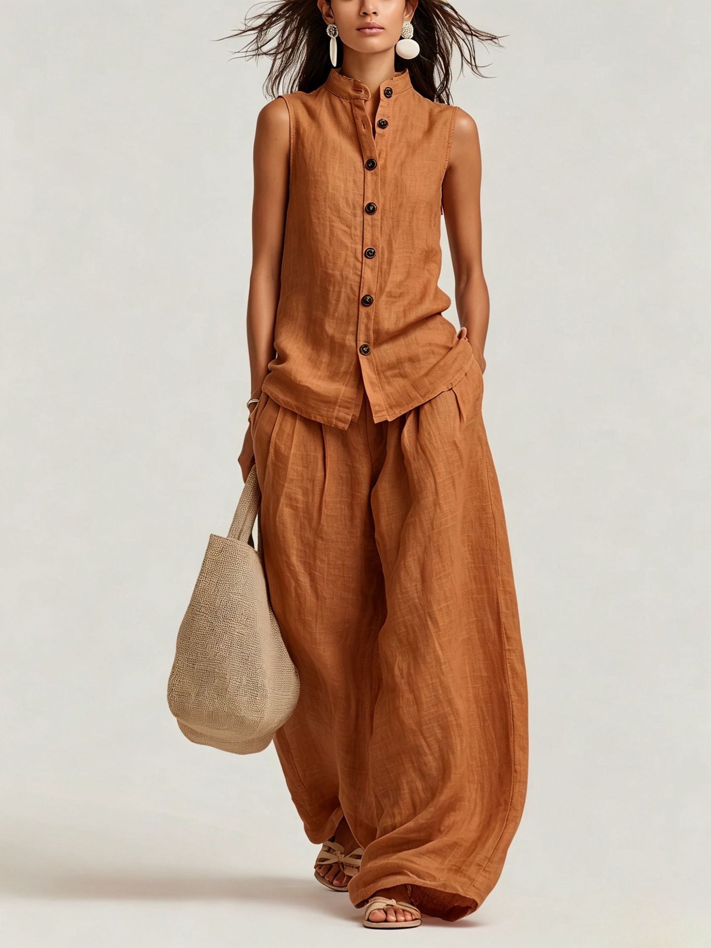 Women's linen vest and pants set in pink, full length view showing coordinated silhouette