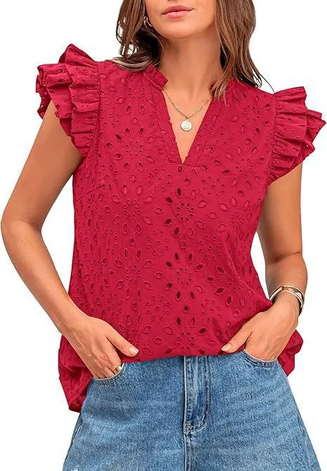 Women's Eyelet Top Fashion Casual V neck Pleated Cover Sleeve Lace Embroidered Shirt Red - Shop at LoveMi