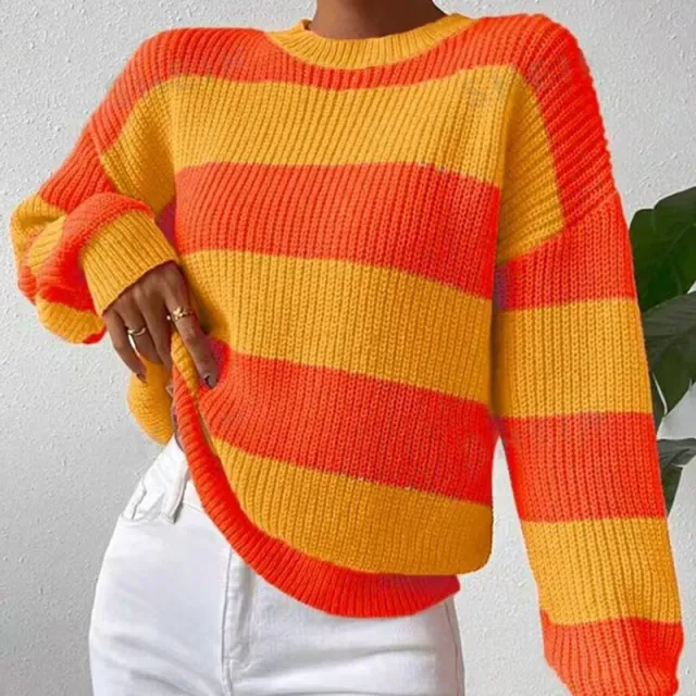 Women's Striped Sweater Loose Long Sleeve Pullover Orange Stripes - Shop at LoveMi