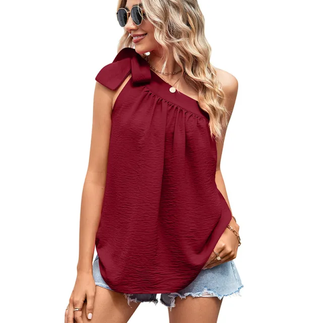 Cross border European And American Women's Clothing Shoulder Lace up Bow Top One shoulder Vest Wine - Shop at LoveMi