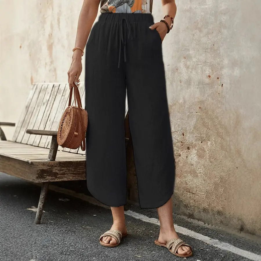 Cotton And Linen Drawstring Cropped Loose Pockets Casual Pants