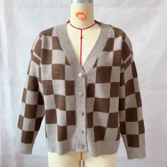 Asian Contrast Colour Chessboard Plaid Autumn And Winter Women's Sweater - Khaki - View 1