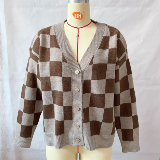 Asian Contrast Color Chessboard Plaid Autumn And Winter Women's Sweater Khaki - Shop at LoveMi