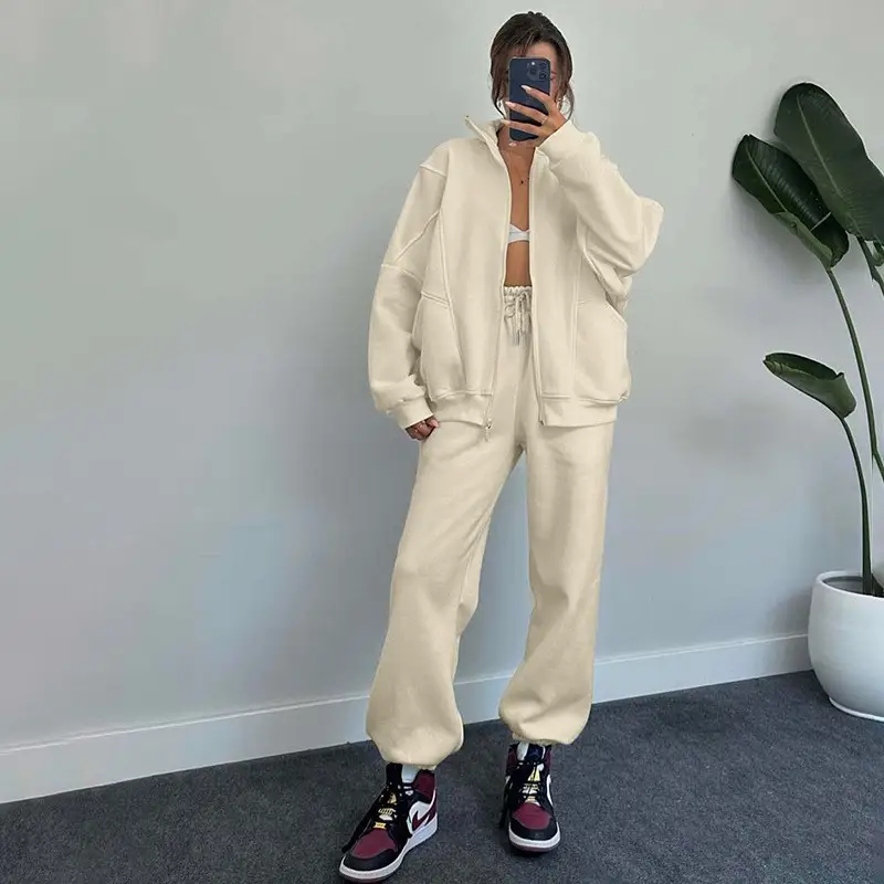 Sports Suits with Pockets Stand-up Collar Zipper Cardigan and Drawstring