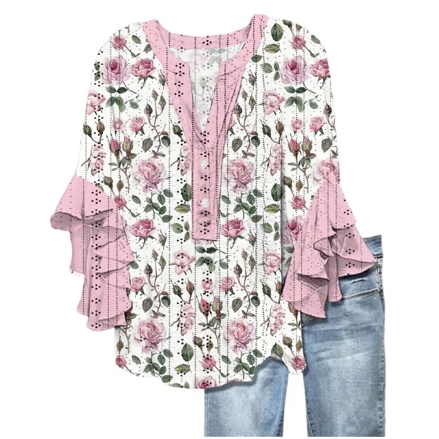 Printed Casual Trend V neck Flounce Sleeve T shirt Color6 Xl - Shop at LoveMi