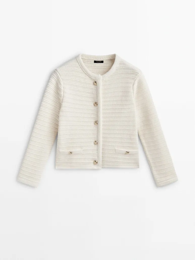 Buckle Striped Classic Style Knitted Cardigan Sweater Short Coat - White