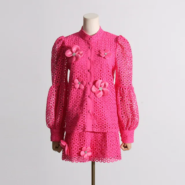 Embroidered Lace Fashion Suit Women's Two piece Set Pink - Shop at LoveMi
