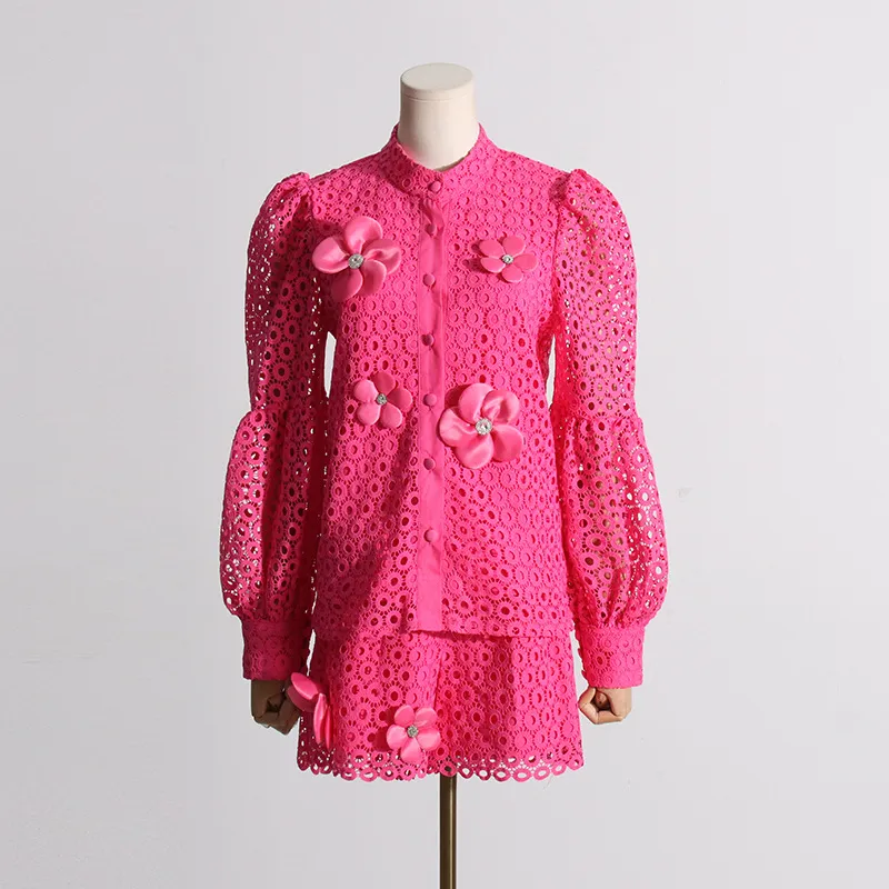 Embroidered Lace Fashion Suit Women's Two-piece Set - Pink