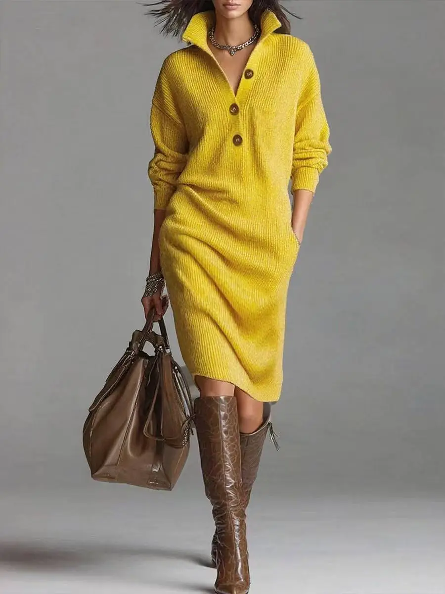 Long-sleeved Sweater Dress Fashion Warm Stand-up Collar V-neck Button Pullover Dresses Winter Casual Commuting Women's Clothing - Yellow