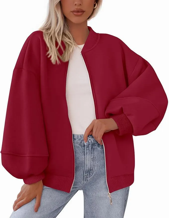 Zip Sweatshirt Jacket Casual Long Sleeve Pilot Coat - Dark Red
