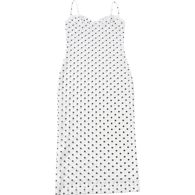 Vestido Feminino Midi de Poá com Renda e Alças