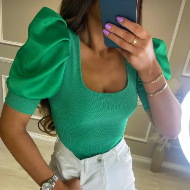 Women's Fashion Low Cut Round Neck Puff Sleeve Thread Slim Green - Shop at LoveMi