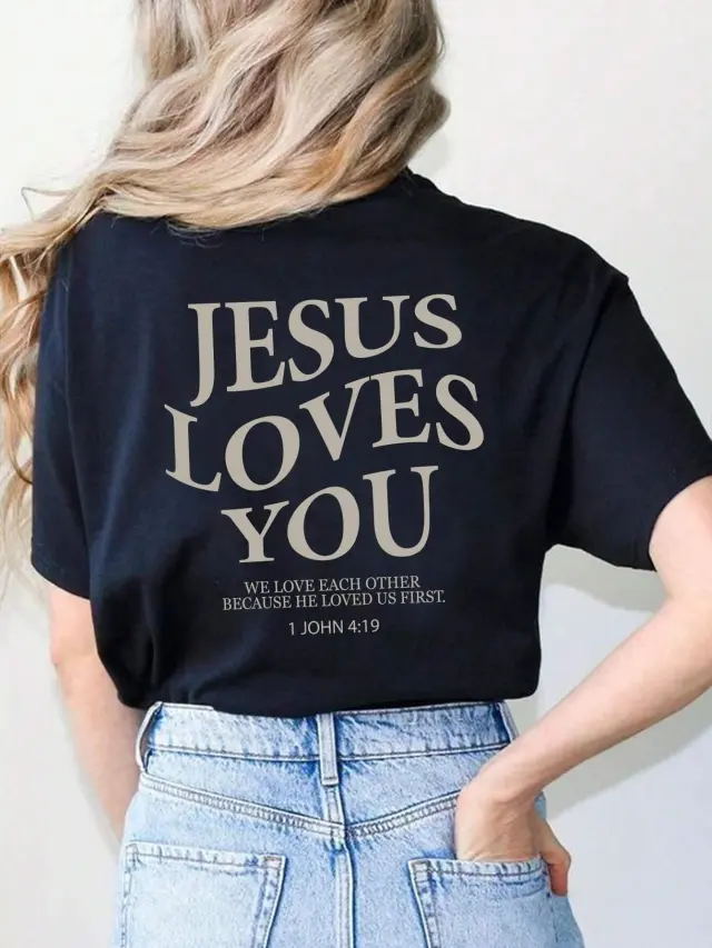 Jesus Loves You Letter Print Women T Shirts Summer Breathabl Black - Shop at LoveMi