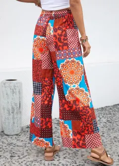Women's Fashionable Elastic Waist Printed Lace-up Trousers - Orange Red - View 1