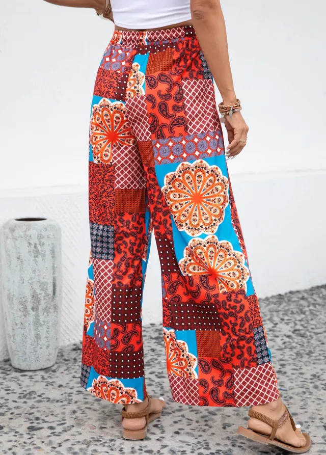 Women's Fashionable Elastic Waist Printed Lace up Trousers Orange Red - Shop at LoveMi