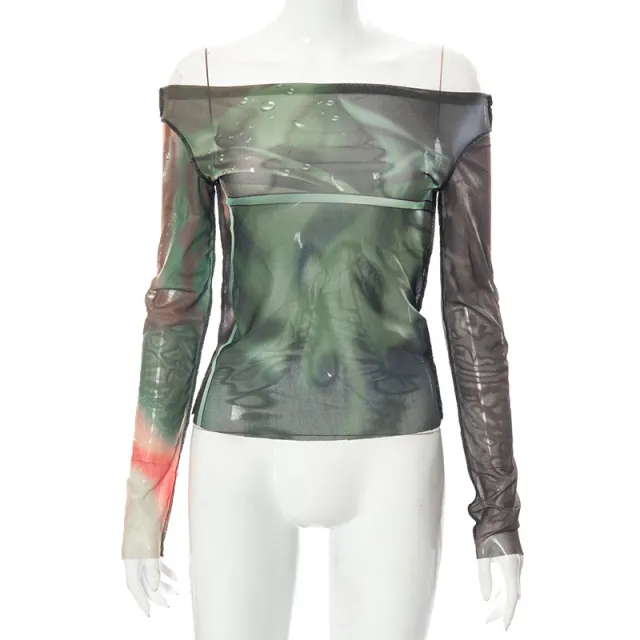 Women's Fashion Casual Mesh Floral Print Pullover Long Sleeve Green - Shop at LoveMi