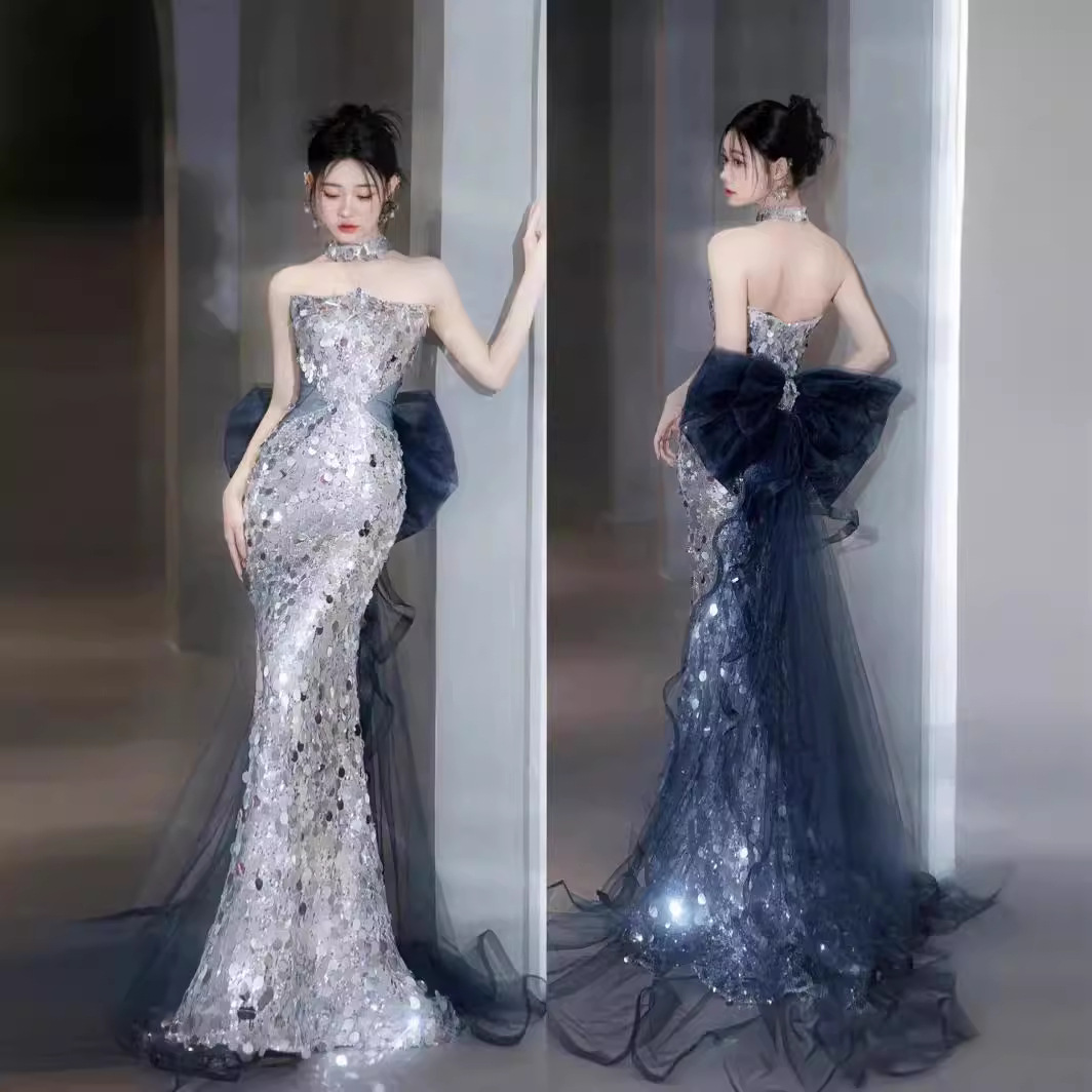 Silver Paillette Tube Top Evening Dress Goddess Slim Fit Slimming Party