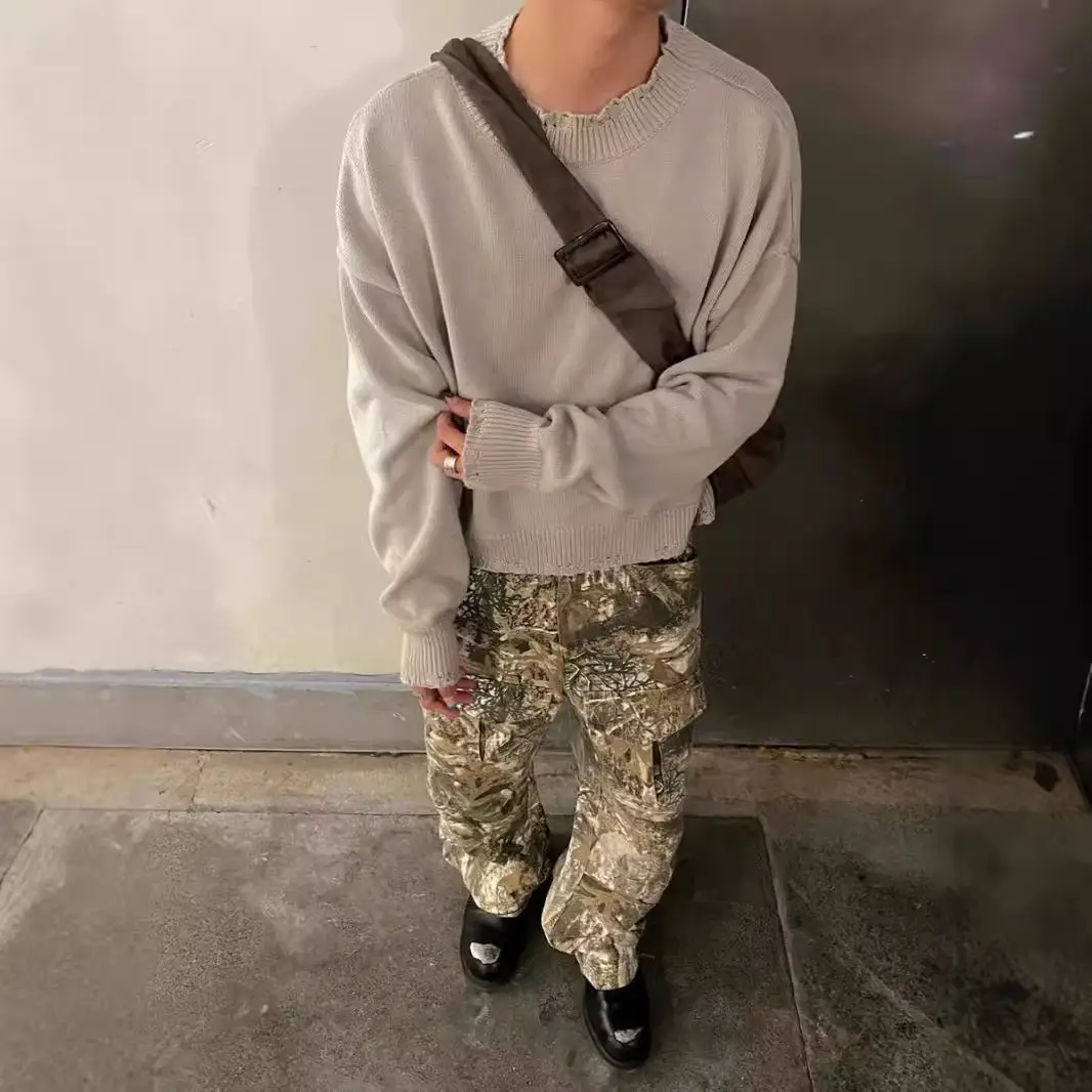 Distressed Camouflage Pants Wide Leg Loose Straight Cargo Pants