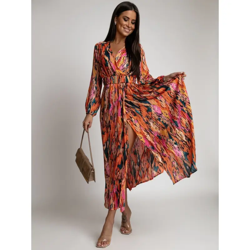 Fashion Printed V-neck Long Sleeve With Belt Dress
