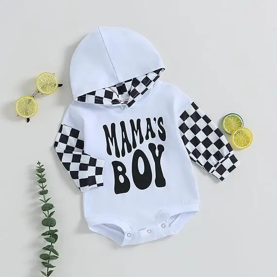 Letter-printed Plaid Patchwork Long-sleeve Hooded Romper