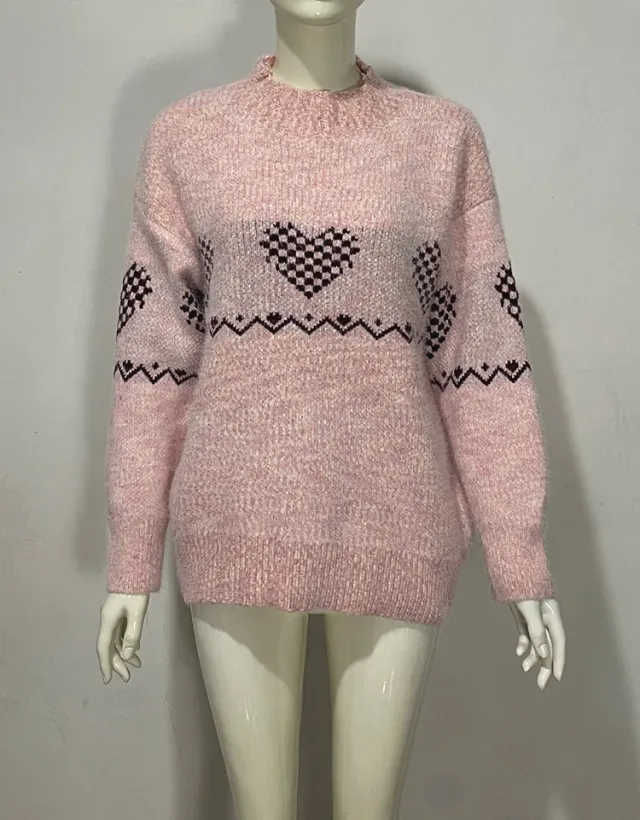 Embroidered Jacquard Pullover Loose Bottoming Shirt Mock Neck Sweater Coat Pink Heart Pattern - Shop at LoveMi