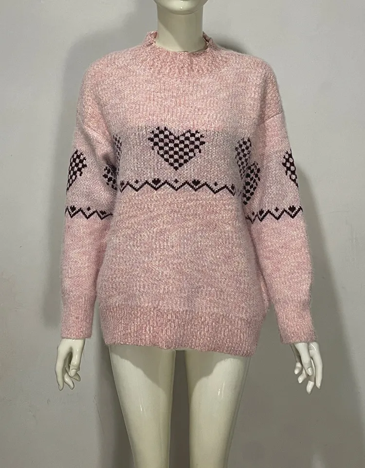 Embroidered Jacquard Pullover Loose Bottoming Shirt Mock Neck Sweater Coat - Pink Heart Pattern