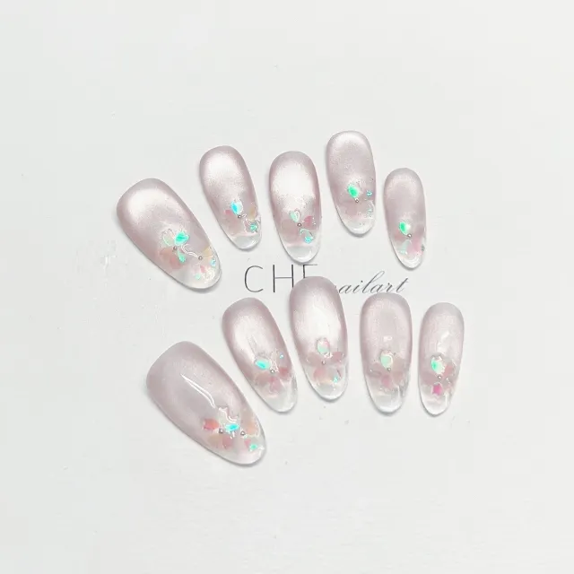 Handmade Custom Wear Nail Cat Eye Oval Ice Transparent Fluorescent Medium Ellipse - Shop at LoveMi