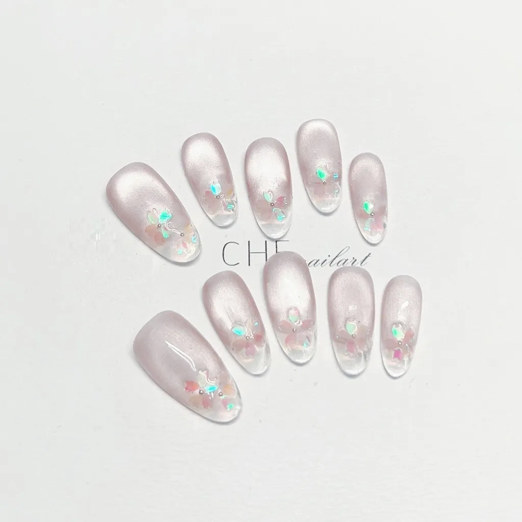Handmade Custom Wear Nail Cat Eye Oval Ice Transparent Fluorescent - Medium Ellipse