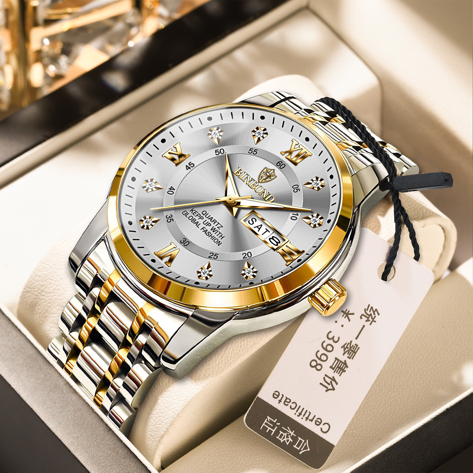 Binbang Business Light-Luxury Quartz Watch For Men Golden White Men's Style