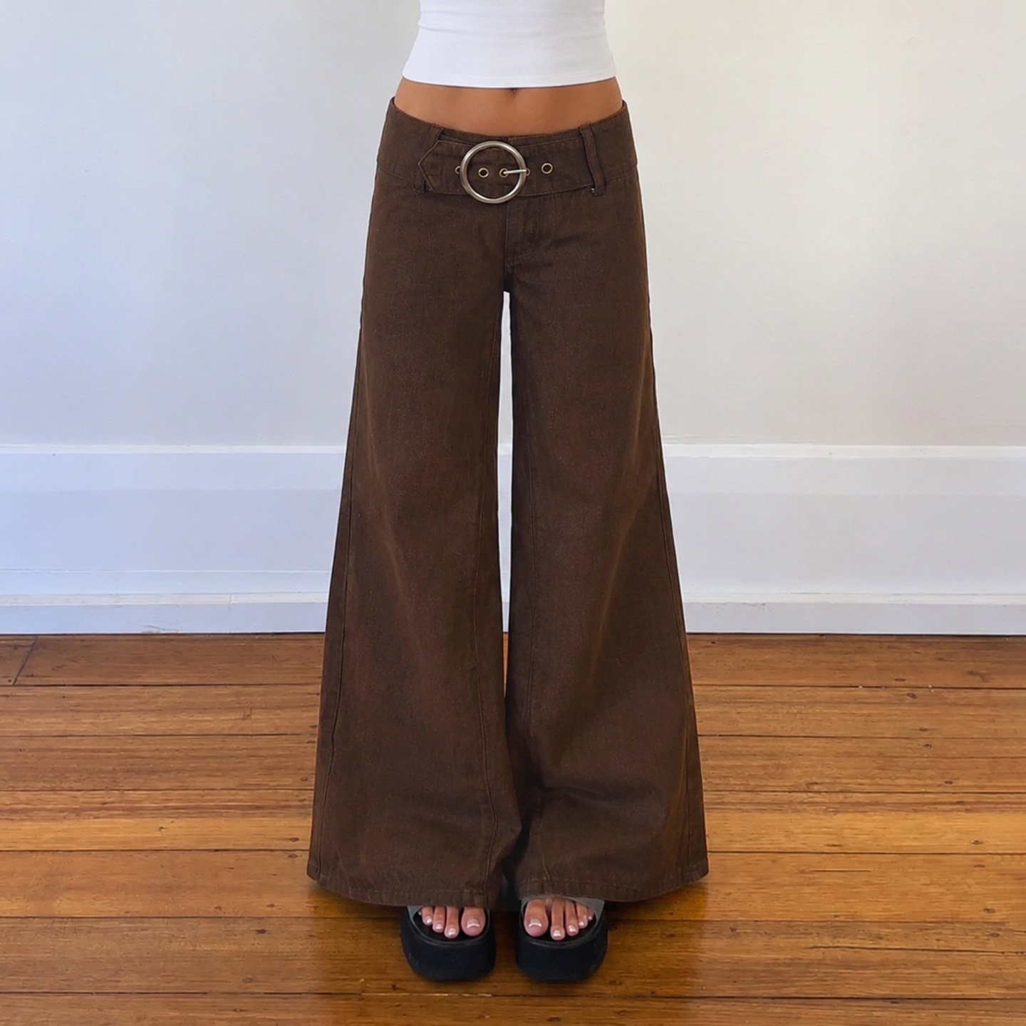 Retro Metal-buckle Low-rise Wide-leg Pants For Women