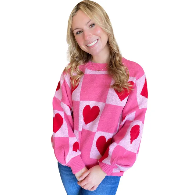 Women's Sweet Plaid Thermal Colorblock Crewneck Sweater Pink - Shop at LoveMi