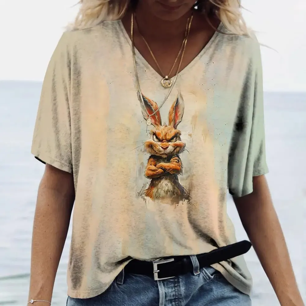 Ladies' V-neck T-shirt 3d Printing Animated Rabbit Short Sleeve - Hx240623R4-2Xl