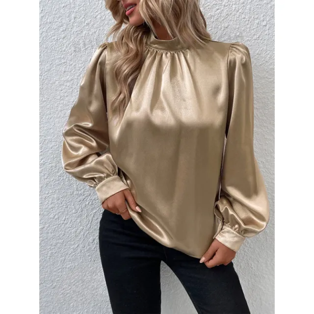 Stand up Collar Puff Sleeve T shirt Female Satin Champagne - Shop at LoveMi