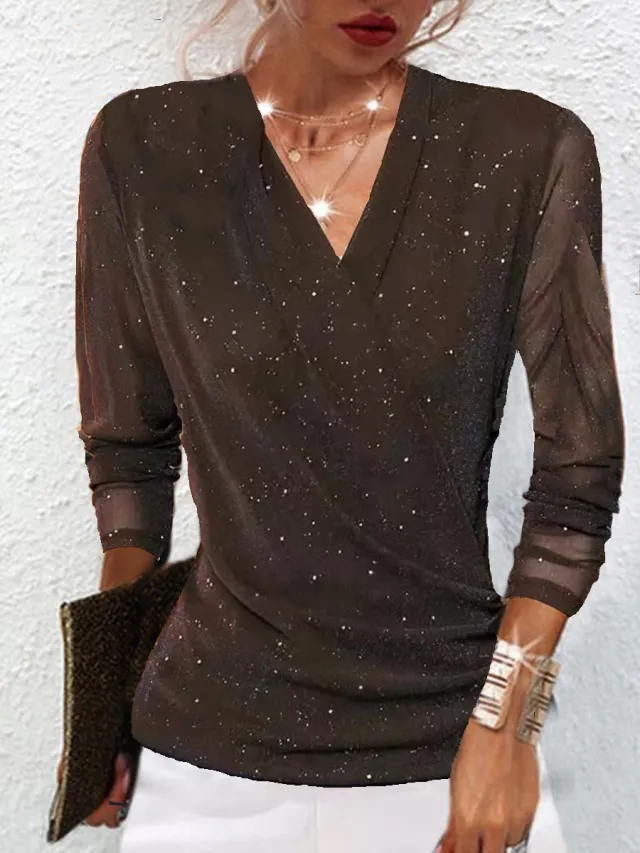 Women's Cross V Neck Mesh Base Top Brown - Shop at LoveMi
