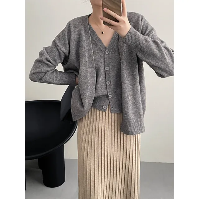 Simple V neck Single Breasted Vest Knitted Cardigan Two piece Short Sweater Suit For Women Gray - Shop at LoveMi