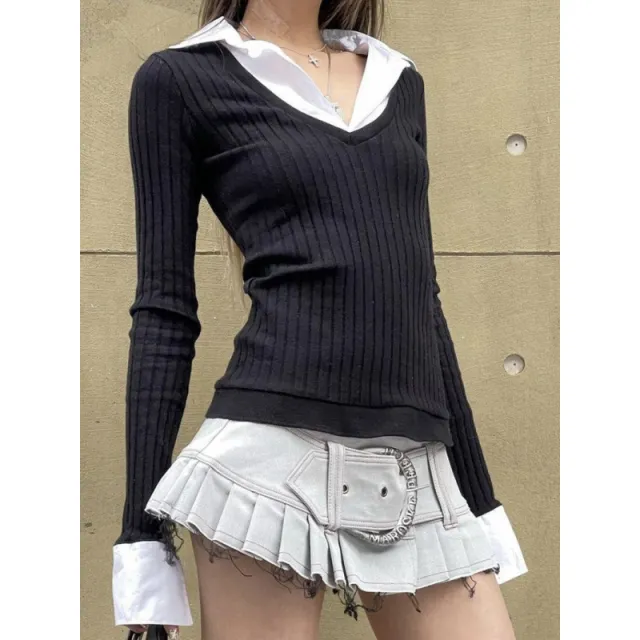 College Style Polo Collar Stitching Fake Two piece Long Sleeve Black - Shop at LoveMi