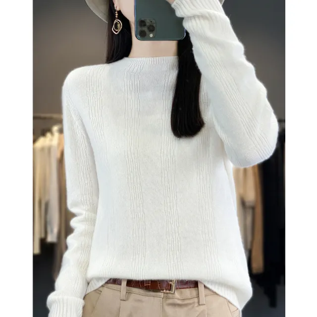 Autumn And Winter Stand Collar Vertical Stripes Wool Base Shirt Pearl White - Shop at LoveMi